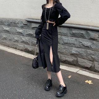 Long-sleeve Off-shoulder Cropped Blouse / Slit Midi Mermaid Skirt / Set