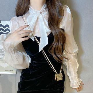Long-sleeve Ribbon-neck Velvet Dress