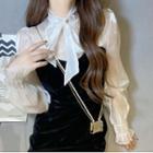 Long-sleeve Ribbon-neck Velvet Dress