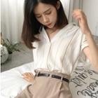 Short-sleeve V-neck Blouse / Wide Leg Pants / Set