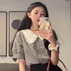 Elbow-sleeve Collared Plaid Blouse Blouse - One Size