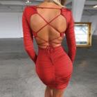 Long-sleeve Open Back Lace Up Mini Sheath Dress