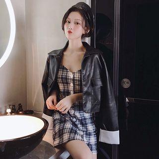 Faux Leather Button Jacket / Spaghetti Strap Plaid Dress
