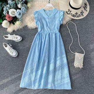 Frill-sleeve Eyelet-lace V-neck Dress