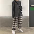 Lettering Long-sleeve T-shirt / Plaid Straight Fit Pants