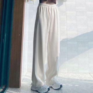 Drawstring Plain Corduroy Shift Wide-leg Pants