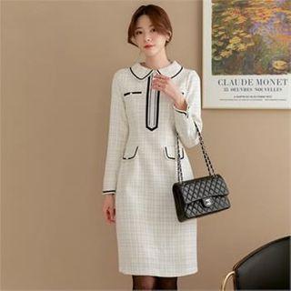 Collared Contrasts-trim Tweed Dress