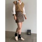 Shirt / Knit Sweater Vest / Faux Leather A-line Skirt