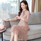 3/4-sleeve Plaid Tiered Dress