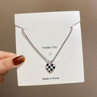 Checker Print Heart Necklace X794 - Silver - One Size