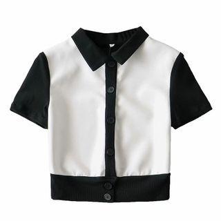 Short-sleeve Two Tone Button-up Top