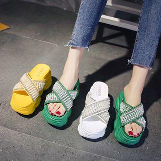 Crisscross Rhinestone Strap Platform Slide Sandals