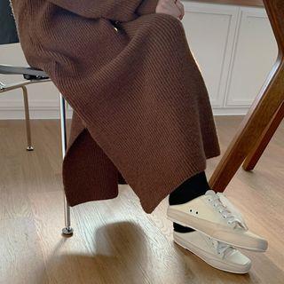 Zip-front Slit-side Rib-knit Long Dress
