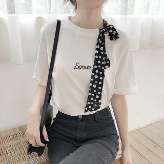 Short-sleeve Lettering Tie-neck T-shirt White - One Size
