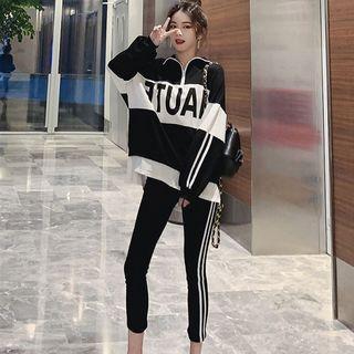 Set: Long-sleeve Lettering Top + Contrast Trim Leggings