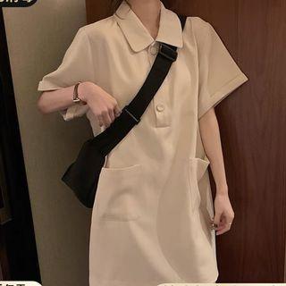 Elbow-sleeve Polo Neck Mini Dress
