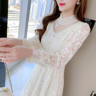 Long-sleeve Dotted Mesh Lace Midi A-line Dress