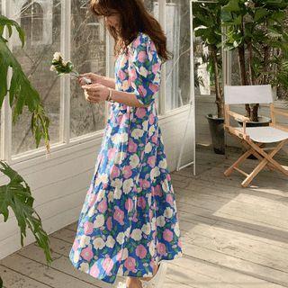 Balloon-sleeve Flower Flared Long Dress