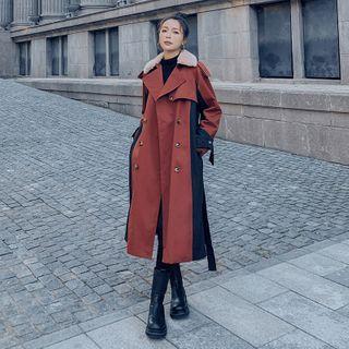 Fleece-lined Two Tone Long Trench Coat