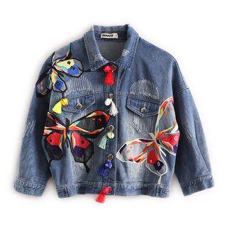 Butterfly Applique Ripped Denim Jacket