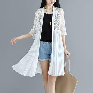 Elbow-sleeve Lace Panel Pleated Jacket White - One Size