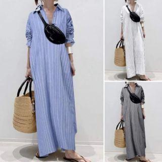 Long-sleeve Striped Maxi Shirt Dress