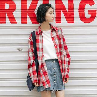 Plaid Long Sleeve Shirt Plaid - Red - One Size