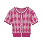 Short-sleeve Faux Pearl Argyle Cardigan Pink - One Size