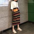 Embroidered T-shirt / Striped Midi Skirt