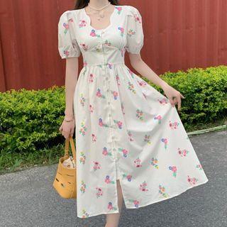 Puff-sleeve Flower Print A-line Dress
