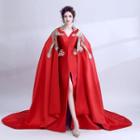 Cape-sleeve Embroidered Slit-hem Evening Gown