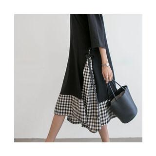 3/4-sleeve Gingham-panel Dress