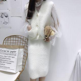 Furry Vest / Midi Skirt / Lace Top / Set