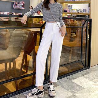 Striped Long-sleeve Knit Top / High Waist Straight-cut Jeans / Set