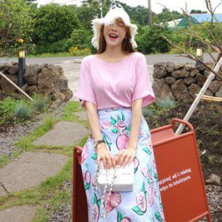 Band-waist Pattern Long Skirt Sky Blue - One Size