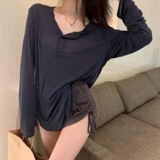 Loose-fit Light Henley / Tie-side High-waist Shorts