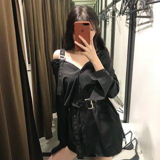 Long-sleeve Cold Shoulder Mini Dress Black - One Size