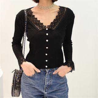 V-neck Lace Plain Knit Top