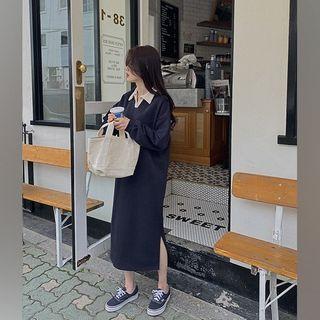 Contrast-collar Slit-side Long Sweatshirt Dress