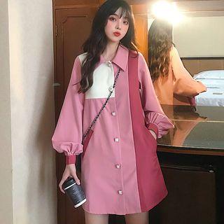 Long-sleeve Paneled Mini Shirt Dress Pink - One Size