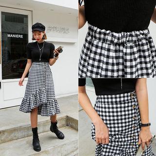 Frilled-hem Gingham Midi Skirt
