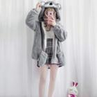 Animal Hooded Jacket / Print Long-sleeve Top / Plaid Mini Skirt