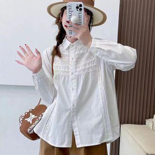 Long-sleeve Embroidered Cut Out Shirt White - One Size