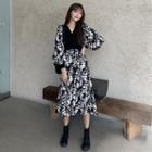 Knit Panel Long-sleeve Midi A-line Dress White & Black - One Size