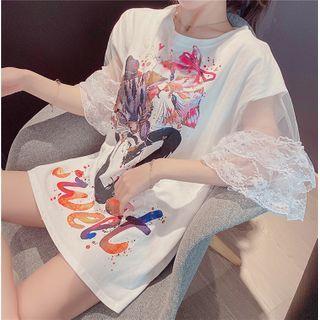 Lace Panel Short-sleeve Printed T-shirt
