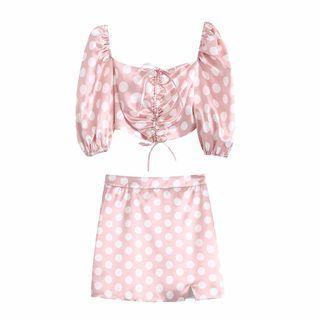 Puff-sleeve Dotted Cropped Blouse / Mini Pencil Skirt