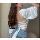 Elbow-sleeve Open Back Cropped Blouse