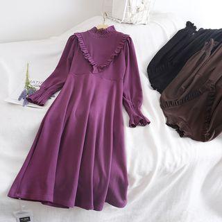 Plain Long-sleeve Ruffle-trim Velvet A-line Dress