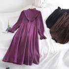 Plain Long-sleeve Ruffle-trim Velvet A-line Dress
