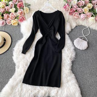 V-neck Ruched Long-sleeve Knit Dress